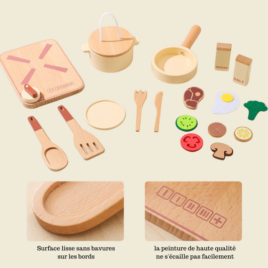Dînette Cuisine en Bois Montessori – Set de Cuisson & Aliments (Jeu d'Imitation)