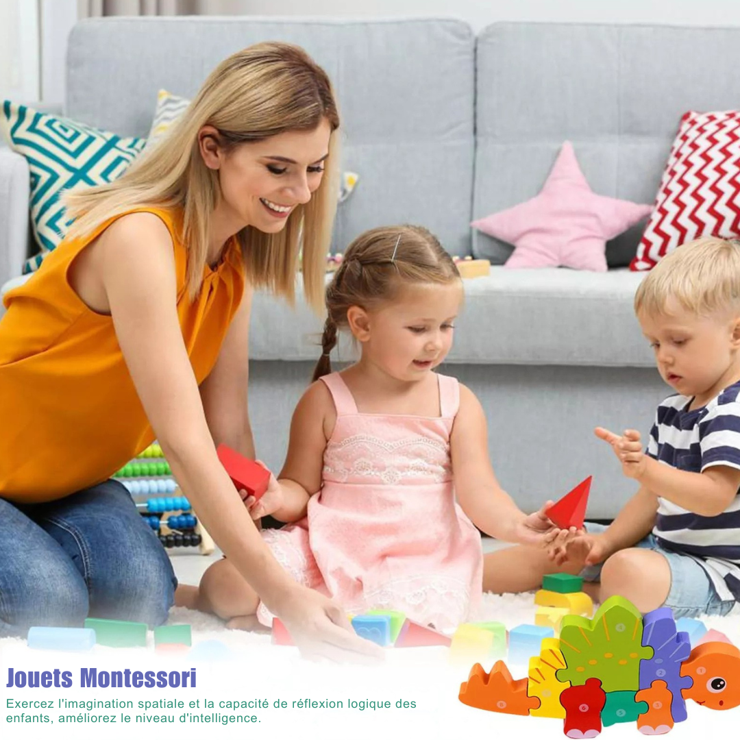 Puzzle 3D en Bois Montessori – Dinosaures Colorés & Éveil Cognitif (Pièces Épaisses)