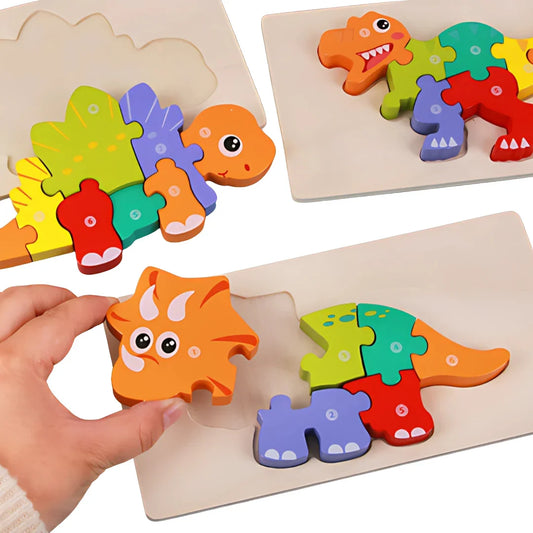 Puzzle 3D en Bois Montessori – Dinosaures Colorés & Éveil Cognitif (Pièces Épaisses)