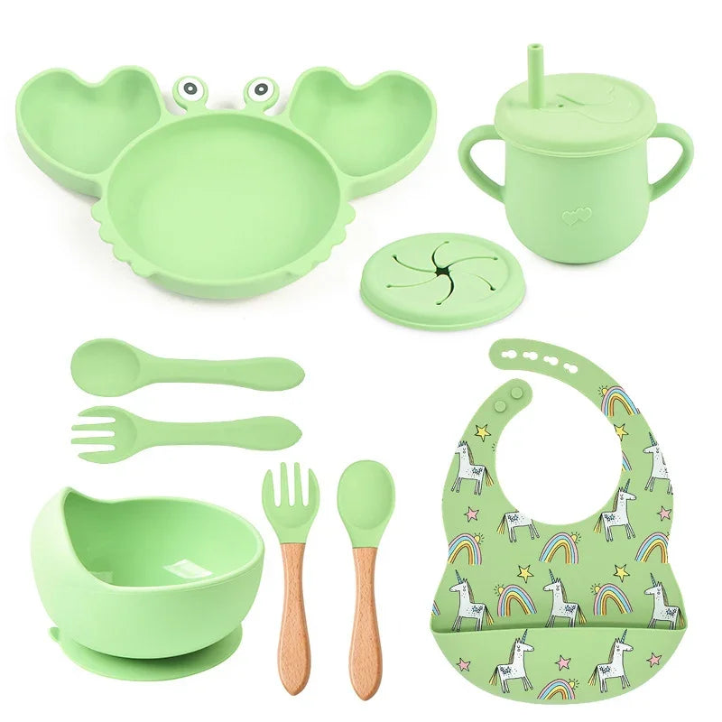 Ensemble vaisselle bébé – silicone sans BPA, forme crabe, nettoyage facile
