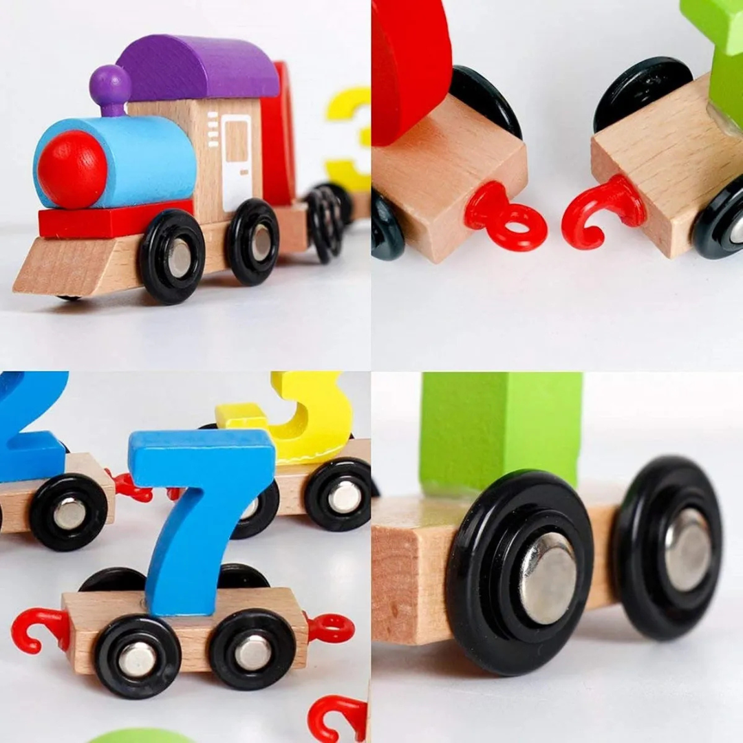 Train des Chiffres en Bois Naturel : Jouet d'Éveil Éducatif et de Construction Arc-en-Ciel