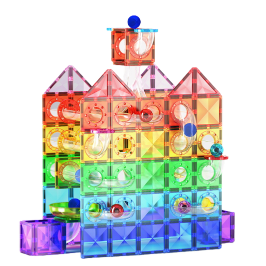 Jeu de Construction Magnétique Montessori 155 Pièces – Circuit à Billes & Tuiles Colorées