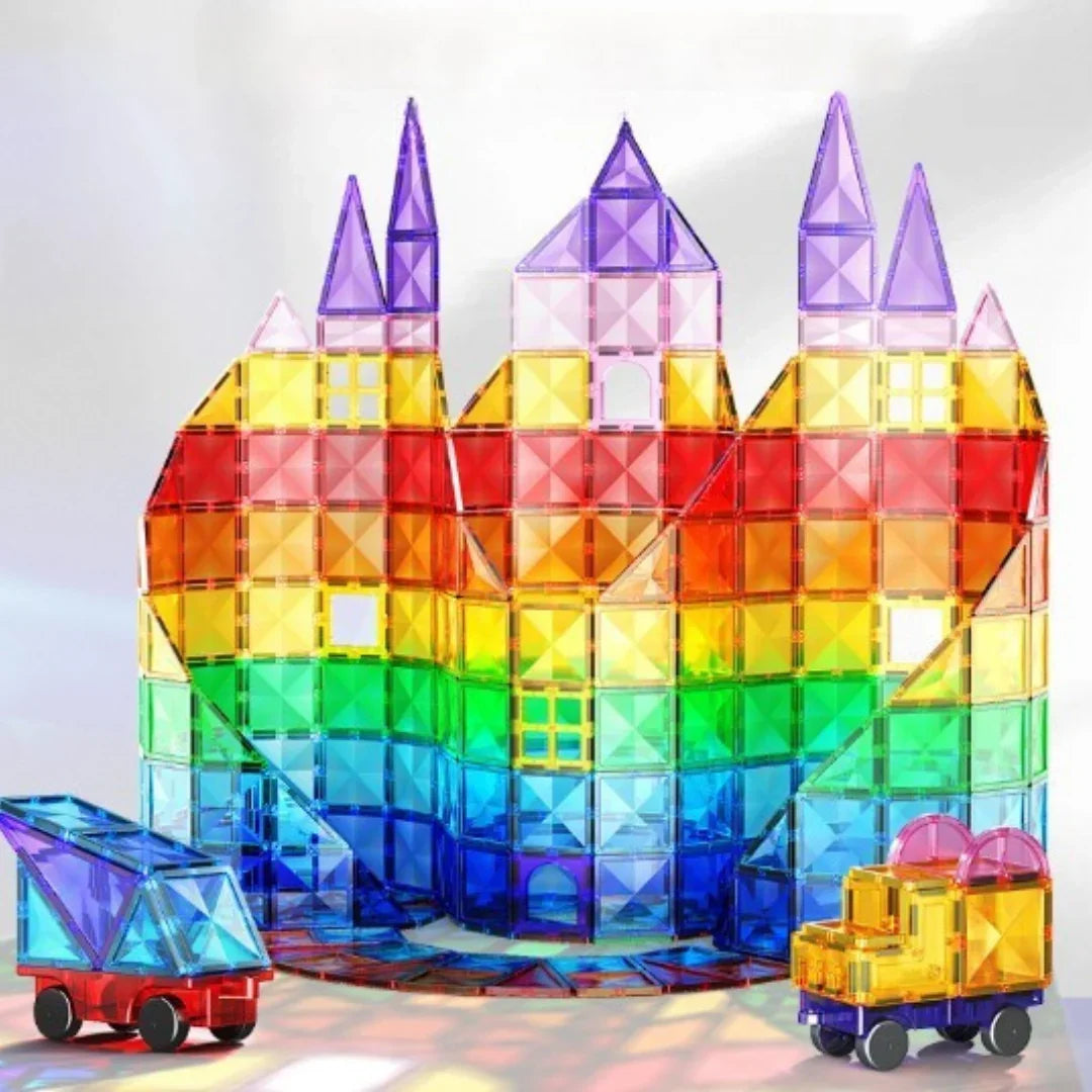 Jeu de Construction Magnétique Montessori 155 Pièces – Circuit à Billes & Tuiles Colorées