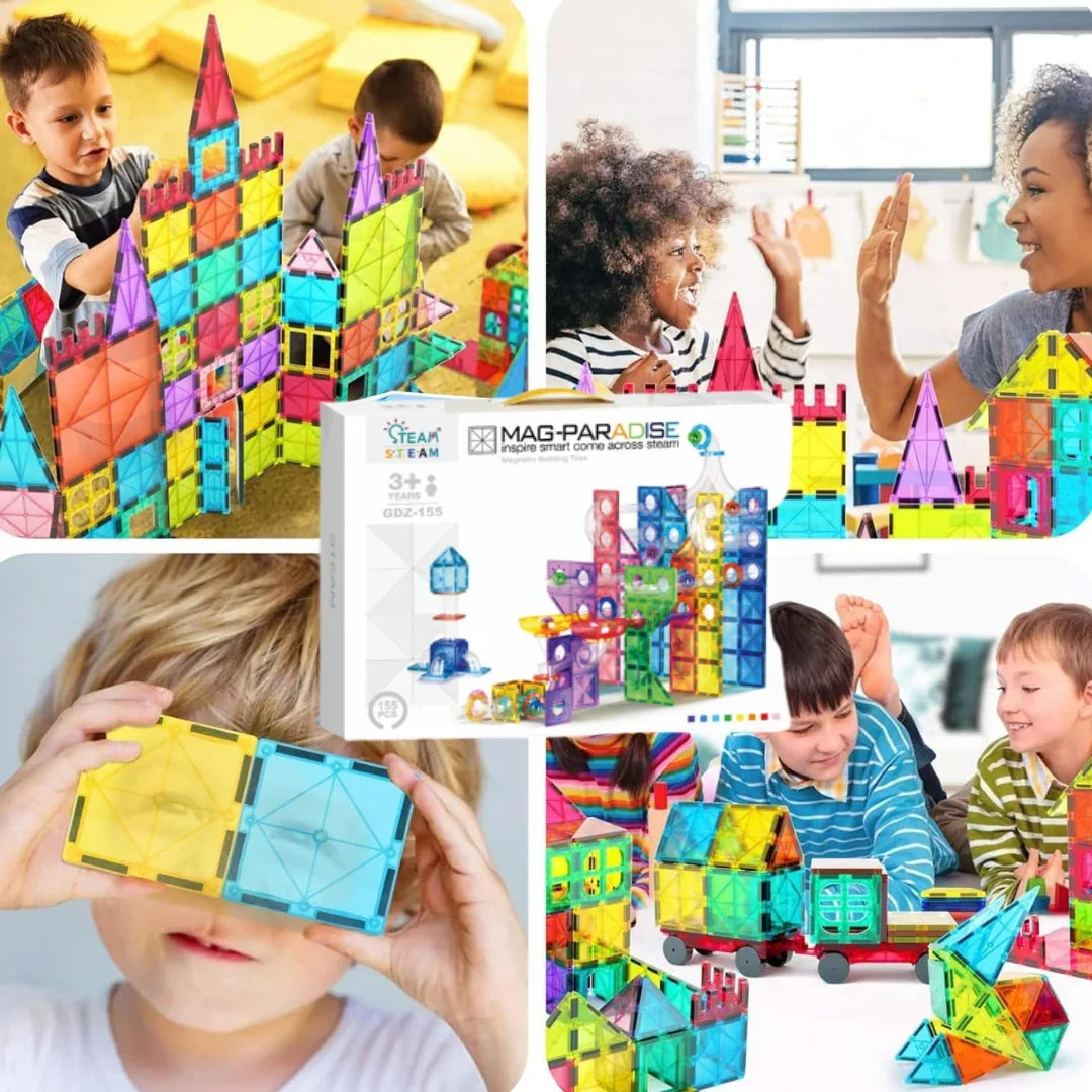Jeu de Construction Magnétique Montessori 155 Pièces – Circuit à Billes & Tuiles Colorées