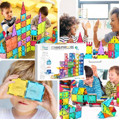 Jeu de Construction Magnétique Montessori 155 Pièces – Circuit à Billes & Tuiles Colorées